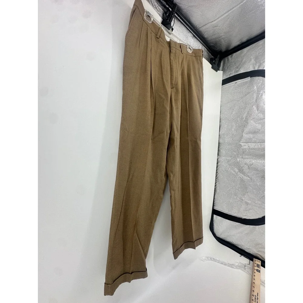 Mens Pleated Linen Blend Dress Pants Khaki Tan Cuffed Trousers 38x30 Teflon